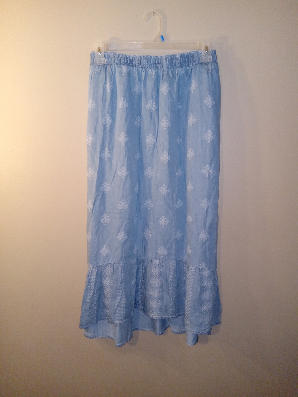 Light Blue Faux Embroidered Maxi Skirt with Ruffled Hem